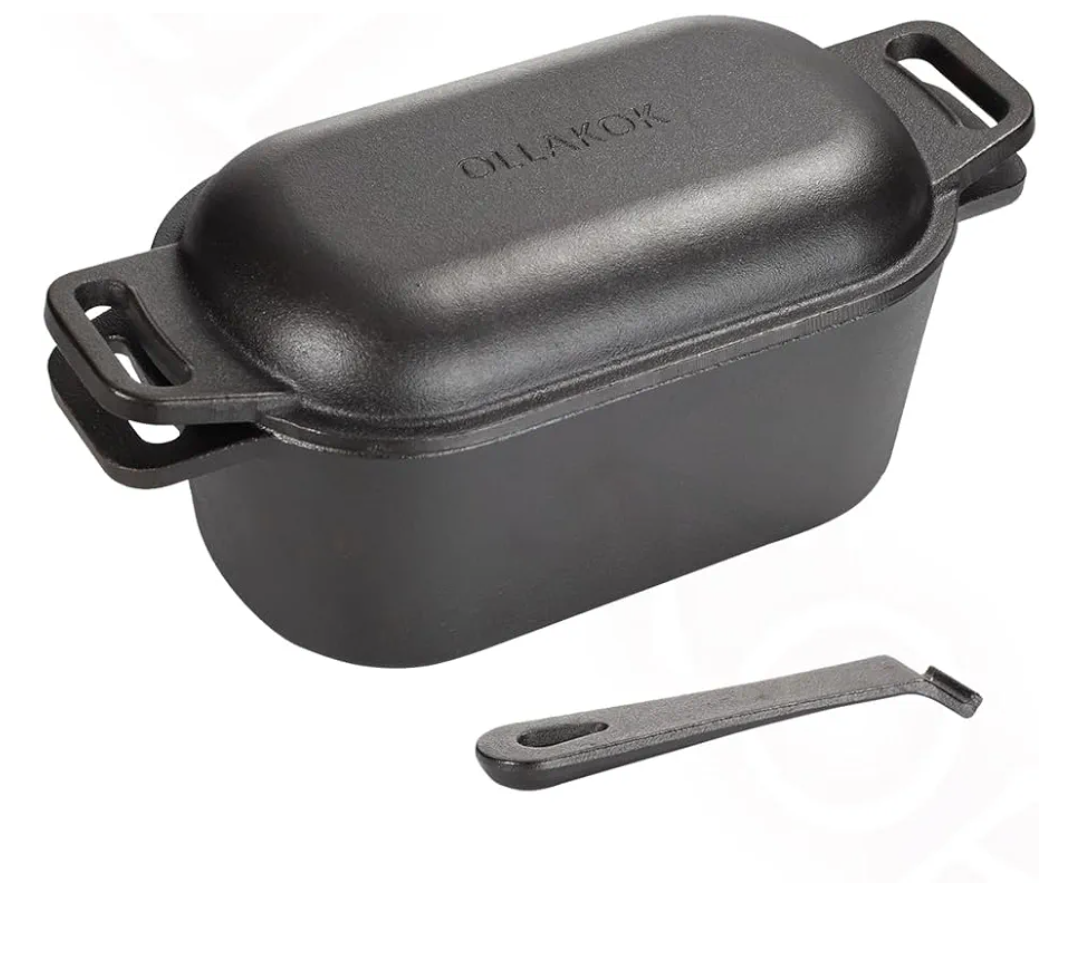 2-in-1 Pre-Seasoned Cast Iron Dutch Oven Pot with Lid as Skillet, Grill Pan, with Lid Lever, Dual Loop Handles, Oval Heavy Dutch Oven for Bread Baking, Frying, Camping, BBQ, 3.8 QT Black