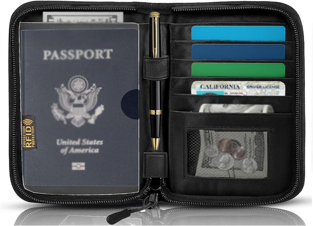 Passport Holder for Travel Essentials, RFID Blocking Protector Passport Wallets, Passport Document Organizer Case for Travel Must Have, Passport Book for Women, Couple, Family Cards, Tickets, ID, Cash (Black)