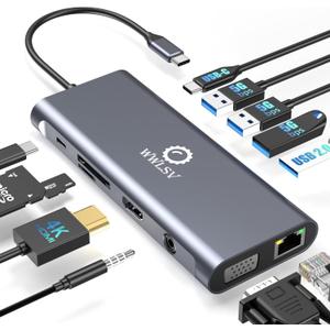 Laptop Docking Station, 12-in-1 USB C Hub  Dual Monitor with HDMI 4K@60Hz, VGA, 100W PD, Ethernet, 3 USB 3.0, USB-C Data Port, SD/TF Card Reader, Audio  Compatible with MacBook, Dell, HP, Lenovo
