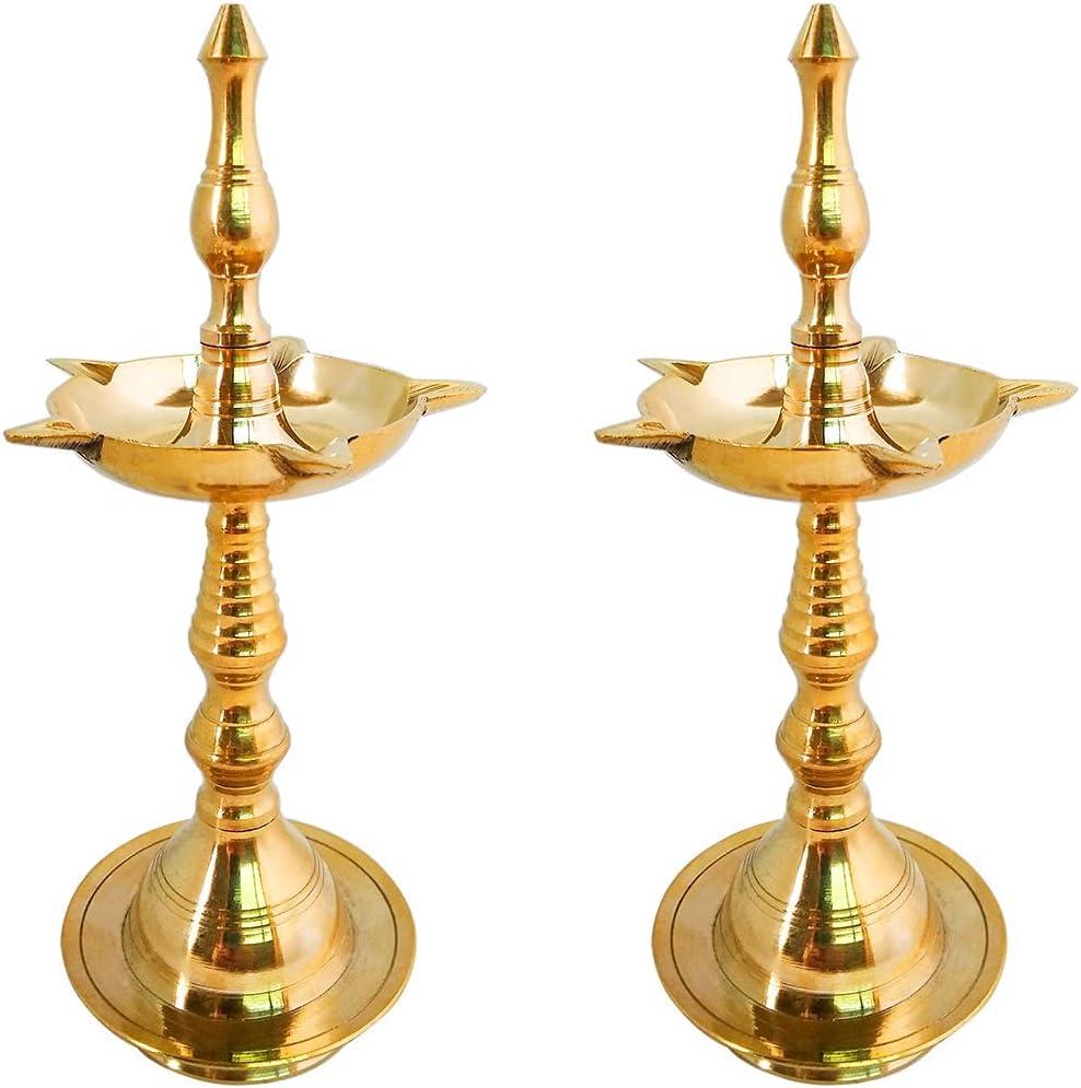Craftsofindia® 5 Inch Brass Kerala Samai Standing Deepak for Puja - Traditional Oil Lamp Diya Indian Engraved Deep Diwali Deepawali Kutthu Vilakku Pooja Return Gift Item [Set of 2]