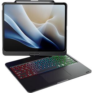 doqo Keyboard case for iPad Air 13 inch(M3/M2),iPad Pro 13(M5 2025/M4 2024),iPad Pro 12.9(6th/5th/4th/3rd Gen) Case with Keyboard 360 Rotatable with Trackpad 7 Color Backlight Pencil Holder Black