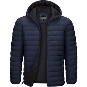 TACVASEN Mens Puffer Jacket Hooded Sherpa Lined Water Resistant Winter Coat, Large Size (Blue, L)