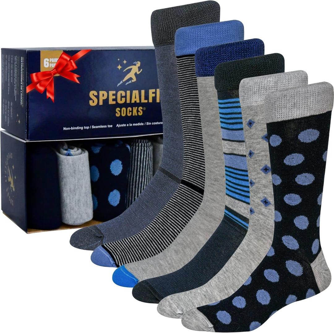 Diabetic socks for men, Non binding cotton socks, Extra Wide Socks,Premium Diabetes care,Soft Neuropathy socks, 6 Pairs (11-15, Patterned - Blue)