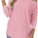 Tankaneo Womens Off The Shoulder Tops Casual Long Sleeve T Shirts Irregular Hem Split Tunics Loose Fall Blouse Shirt (Pink, L)