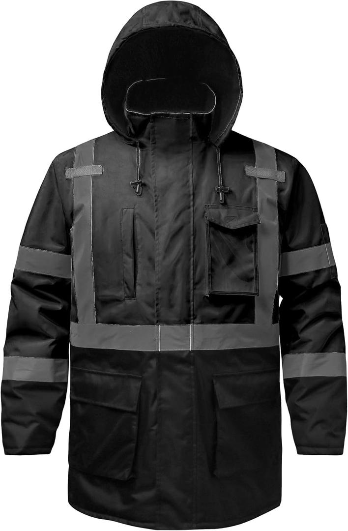 Reflective Jacket, High Visibility Parka, Waterproof Hi Vis, Safety Jacket with Removable Hood and Zipper, ANSI Class 3 (Black, XL)