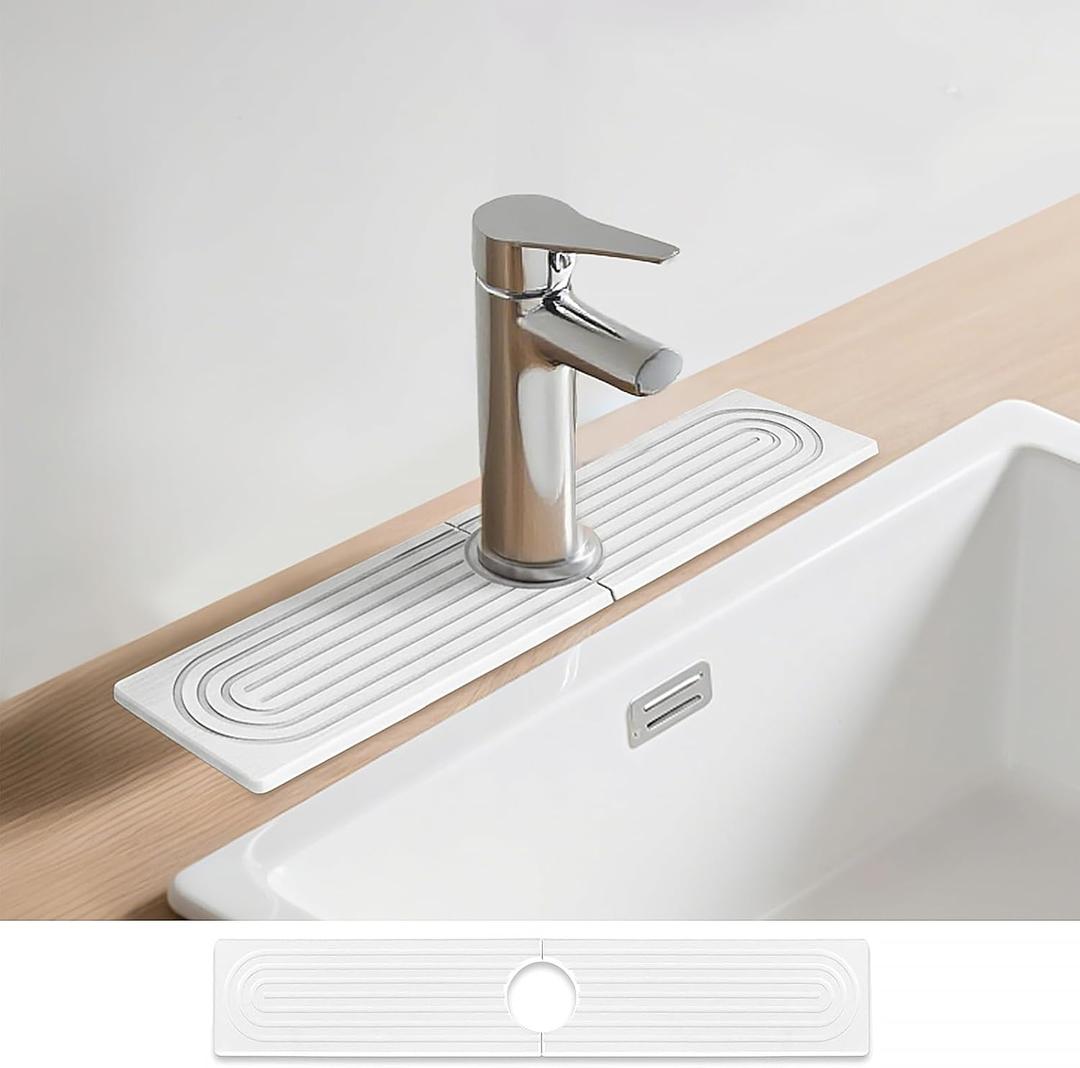 15.8"x3.9" Stone Faucet Mat for Kitchen Sink, Diatomite Quick Dry Kitchen Sink Splash Guard Water Absorbent Drying Mat, Drying Stone Sink Tray for Bathroom Counter, White