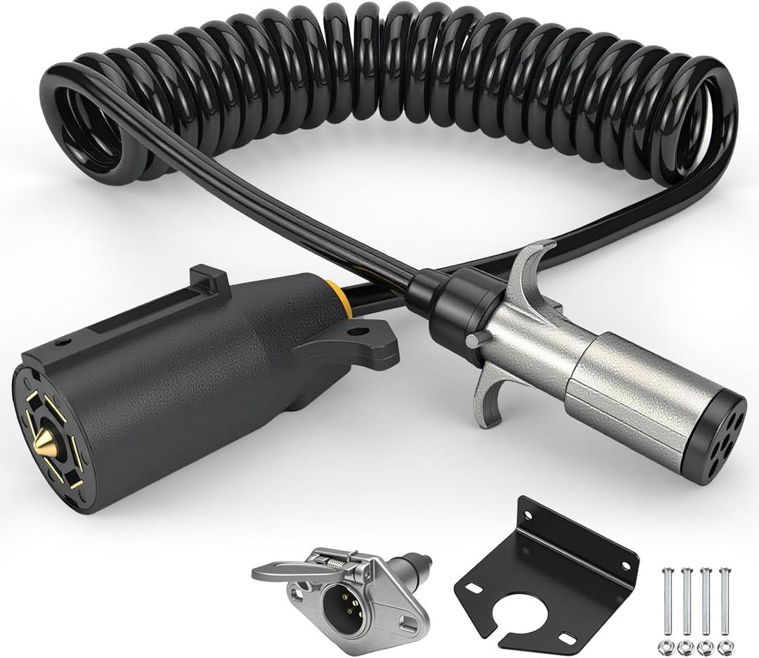7 Pin to 6 Pin Trailer Adapter  Coiled Trailer Cord (Stretches to 10ft)  7 Wire to 6 Wire Coiled Tow Cable with Female Socket & Mounting Bracket