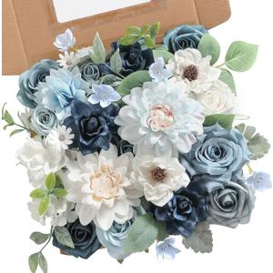 Blue Artificial Flowers Combo Box Set Silk Flowers Fake Rose for DIY Floral Arrangements Wedding Bouquets Centerpieces Baby Shower Party Home Decorations