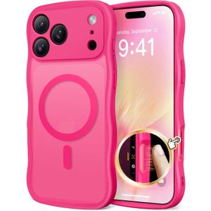 Magnetic for iPhone 17 Pro Case for Women Girls, Upgraded [Full Camera Protection] [Compatible with MagSafe] Cute Wave Translucent Matte Phone Case for iPhone 17 Pro, Hot Pink