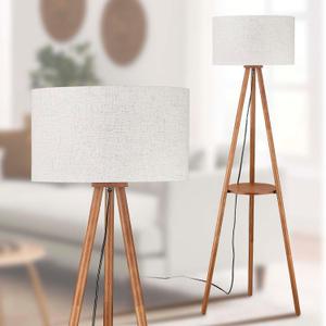 Wood Tripod Floor Lamp with 3 Color Temperature LED Bulb, Farmhouse Shelf Wooden Floor lamp Drum Shade for Living Room, Bedroom, Office, Footswitch, ETL Listed/Brown Wood Color