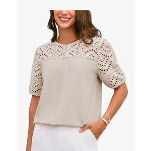 GRACE KARIN Women's 2025 Casual Tops Short Sleeve Eyelet Embroidered Summer Trendy Shirts Crewneck Crochet Blouses, Size:2XL