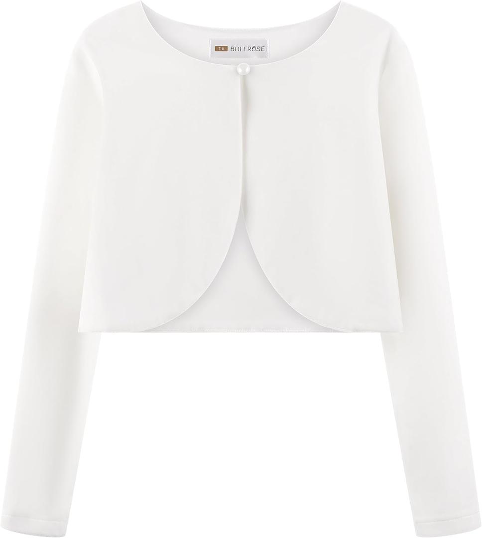 BOLEROSE Girls Long Sleeve Velvet Childrens Kids Sweater Bolero Shrug (13-14 Years, Off-white)