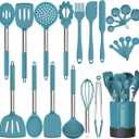 Silicone Cooking Utensil Set, Fungun Non-stick Kitchen 24 Pcs Cookware, Heat Resistant , Silicone Kitchen Tools Gift with Stainless Steel Handle (Blue-24pcs