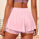 GOBLES Women's Summer High Wide Waistband 2 in 1 Butterfly Workout Athletic Tennis Shorts (Pink, L)