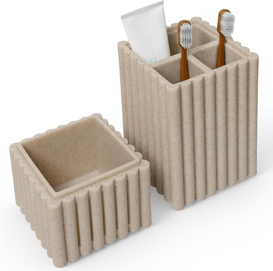 Home Stone Toothbrush Holder with Lid, Elegant Beige Bathroom Toothbrush & Toothpaste Organizer Modern Hidden Closed Toothbrush Holders for Bathrooms (Beige)