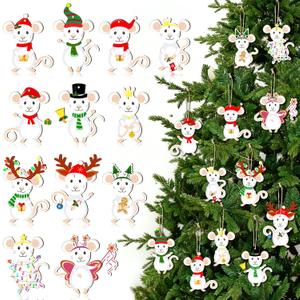 36 Pcs Christmas Mouse Ornaments Wooden Christmas Mice Tree Ornaments Woodland Cute Tree Wreath Decor Xmas Hanging Wood Cutouts Decor for Farmhouse Home Xmas Winter Holiday Party Favors