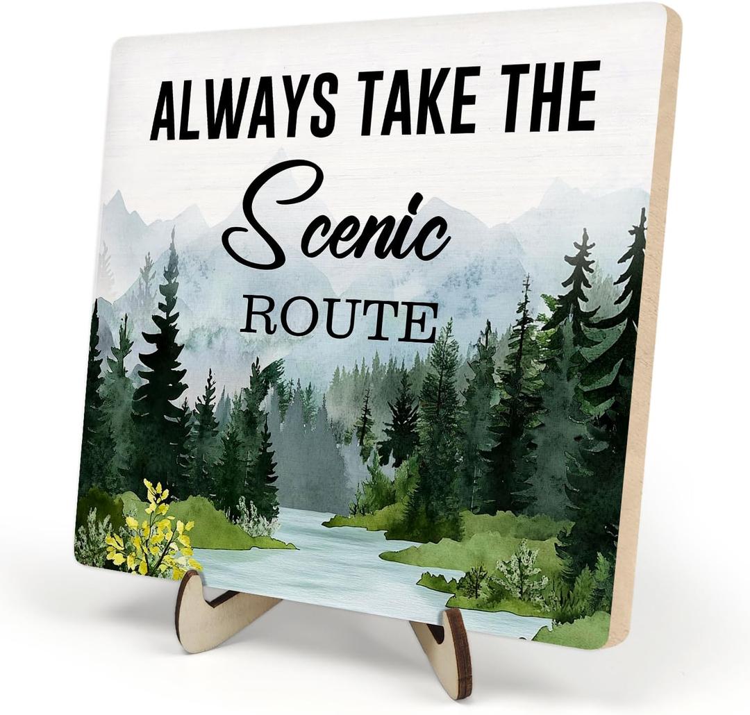 Inspirational Wooden Sign -Always Take The Scenic Route - Positive Reminder - Motivational Wood Plaque With A Support Frame - Home & Office Inspirational Gifts For Women,Men Desk Decor & Accessories 5.9x5.9Inch