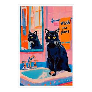 Funny Black Cat Canvas Wall Art Wash Your Little Paws Trendy Cat Painting Picture Wall Decor Colorful Cute Cat Poster Print Artwork for living room bedroom toilet bathroom Home Decoration