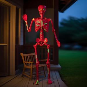 5.4Ft Life Size Halloween Skeleton - Red Decayed Posable with Glowing Eyes & Luminescent Paint, Full Body Life-Like Bones for Indoor Outdoor Halloween Decorations