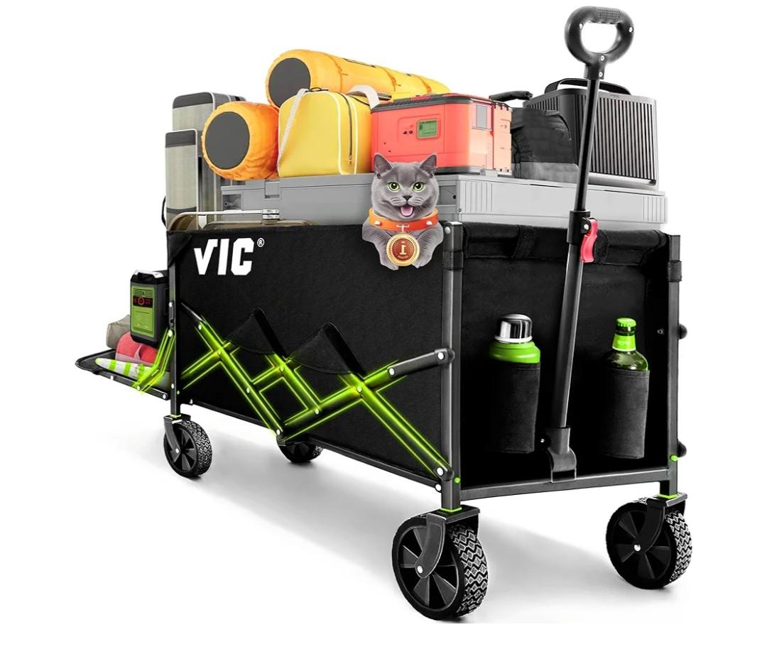 26x12 VIC Collapsible Folding Wagon Extra Long Extender Wagon Cart,Beach Wagons Cart Heavy Duty Foldable, Utility Grocery Car with Side Pocket for Camping Garden Sports, V1
