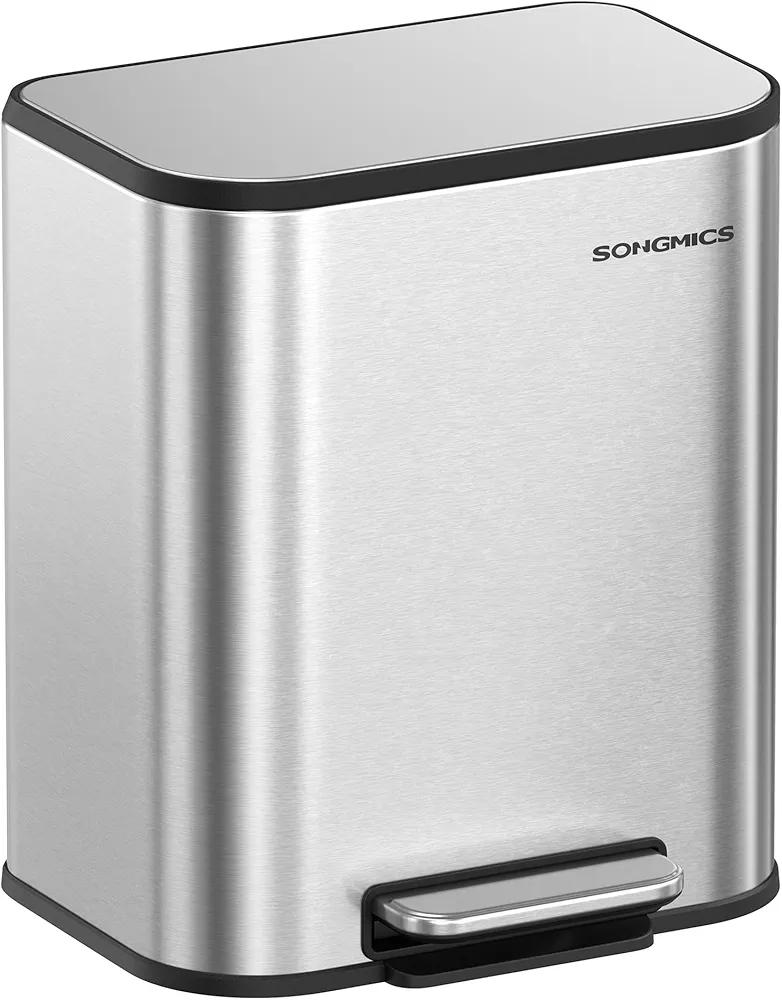 SONGMICS Kitchen Trash Can, 5.2-Gallon (20L) Garbage Can with Lid, Stainless Steel, Soft Close and Stays Open, Inner Bucket, Wide Non-Slip Pedal, Metallic Silver ULTB542E20