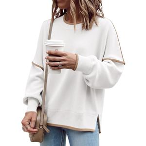Saodimallsu Womens Fall Crew Neck Sweater Long Sleeve Color Block Sweaters Loose Casual Knit Pullover Tops (Small, White)