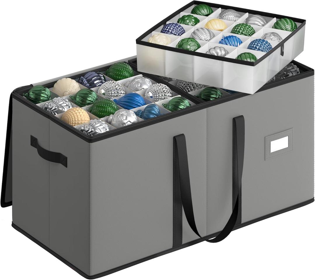 SONGMICS Christmas Ornament Storage Box, Dual Zippers, Stackable Christmas Storage Container with Lid, 8 Trays, 600D Oxford, 3-Inch 128 Slots, Grey