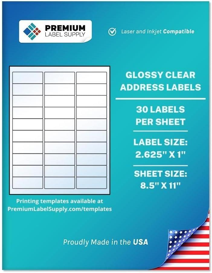Premium Label Supply Glossy Clear Address Labels  2.625" x 1"  Laser/Inkjet Compatible  (30 per Sheet), 10 Sheets - 300 Total Adhesive Labels