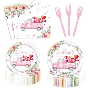 Utolily Sweetheart Baby Shower Party Tableware Supplies 96pcs - Pink Heart Plates, Forks & Napkins - Serves 24 Guests - Valentine's Day Occasion