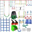 Ninja Warrior Obstacle Course for Kids Backyard - 250ft Slackline Kit with 10 Most Complete Accessories for Boys & Girls, Swing, Rope Ladder, Gymnastic Ring, Climbing Net, Arm Trainer and Monkey Fist (2x50FT + 10 attachments)