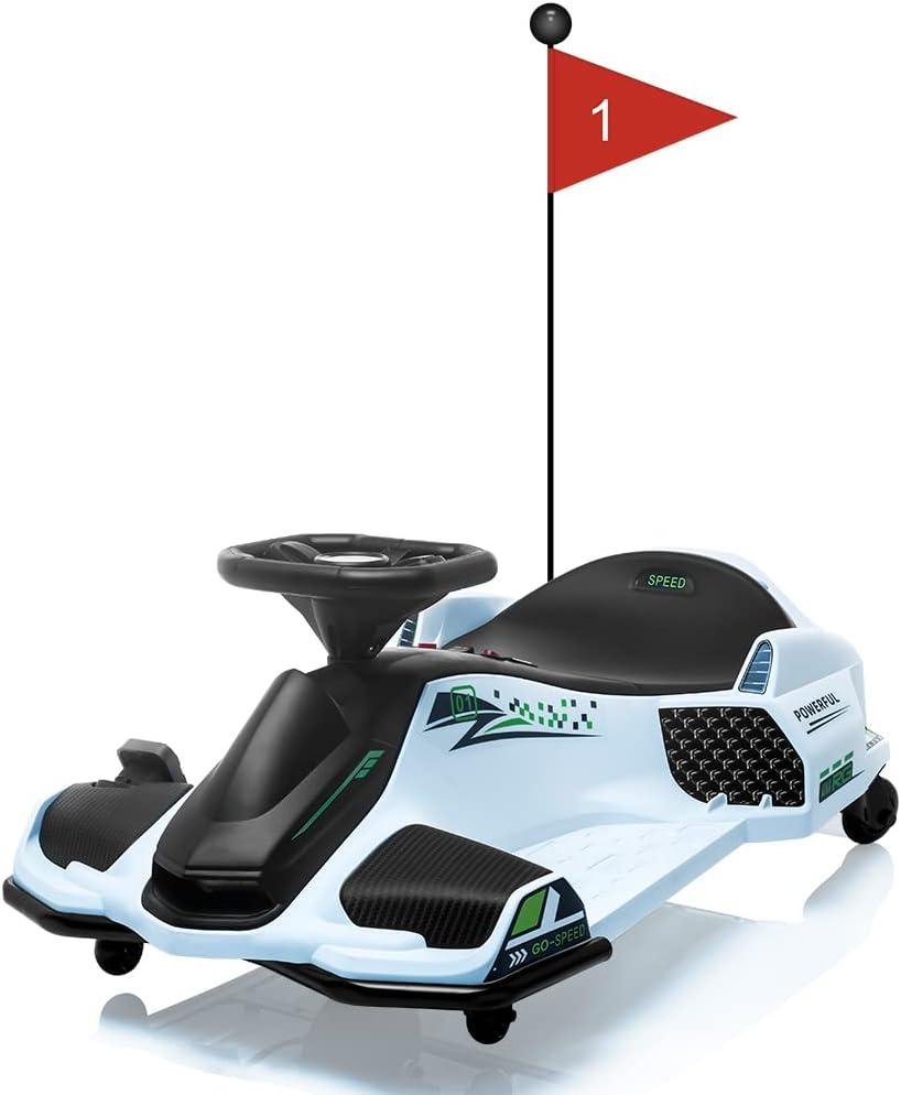 GarveeLife 24V Ride On Drift Car for Kids,7Ah Battery 180W Brushless Quieter Motor Electric Drifting Go-Kart for Rider Up to 110 LBS, with Music,Front+Tail Led Light,Low-Power Alarm for 8+ Toy, White