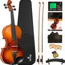 Cecilio 4/4 Violin Set Full Size Fiddle Solidwood Ebony Fitted LEFT-HANDED Violin with D'Addario Prelude Strings | Complete Set with Hard Case, Bows, Tuner, Rosin & Shoulder Rest (Varnish)