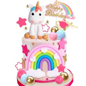 Unicorn Cake Topper, Cake Decorations with Rainbow Stars Balls Happy Birthday Cake Decorations for Boys Girls Kids Birthday Party Baby Shower Supplies