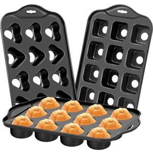 Dualshine 3Pack Mini Cheesecake Pans Removable Bottom, Mini Cupcake Pans 12 Hole Mini Muffin Pan Nonstick Carbon Steel Round, Square, Heart-Shaped Mini Muffin Tin for Pancakes, Mini Cheesecakes