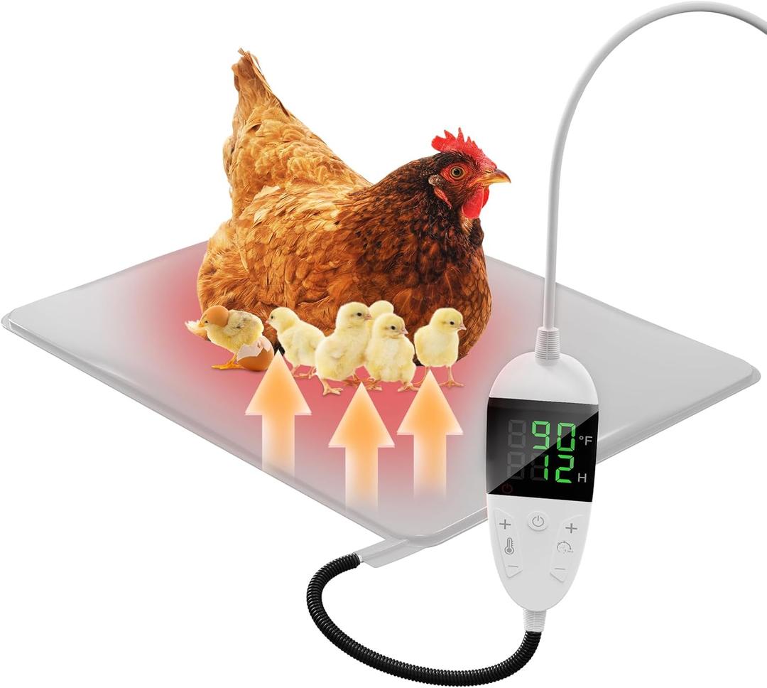 Chicken Heating Pad with Adjustable Digital Thermostat, Electric Chicken Heated Mat with Chew Resistant Cord, Waterproof Outdoor Chicken Coop Heater for Baby Chicks, Brooder Heater Warming Pad, White