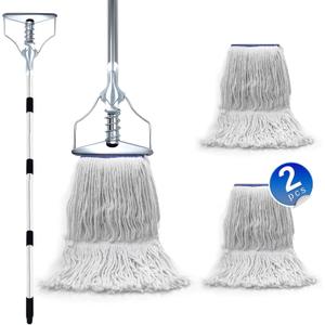 Heavy Duty Commercial Industrial Mop，59in Looped-End String Wet Cotton Mops for Floor Cleaning，Suitable for Home, Workshop and Garage Floor Cleaning Including 2 Mop Head Replacements (Blue + White)