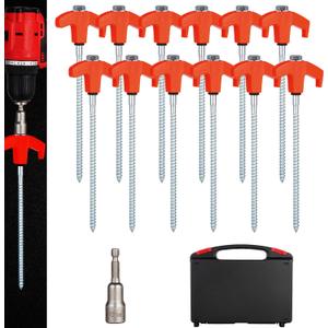 12 Pack Screw in Tent Stakes Heavy Duty,8  Ground Anchors Screw in,Metal Stakes with Hex Head Driver and Sturdy Storage Box. (12, Orange)