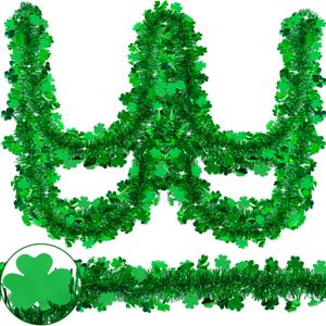 Prashent 2 Pack St Patricks Day Tinsel Garland Decoration 66 Feet Hanging Metallic Green Shamrock Garland for Irish Festival Mantle Wall Window Decor