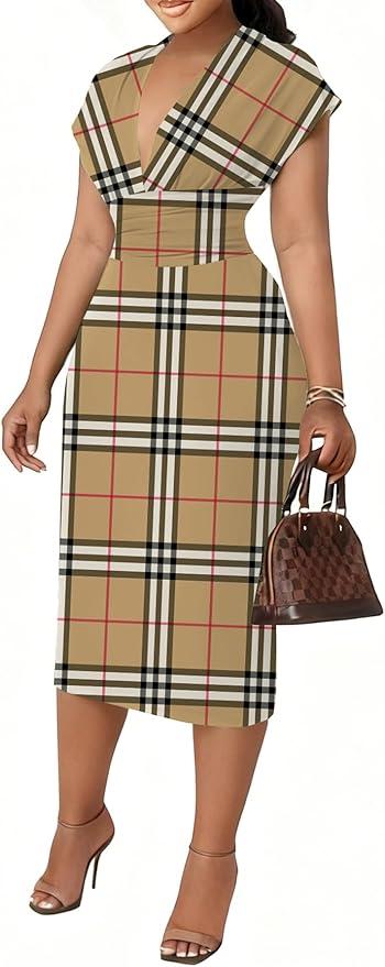 Women's Bodycon Midi Dress Deep V-Neck Cap Sleeve Ruched High Waist Stretchy Dresses for Date Nights, Parties & Work, Size Large