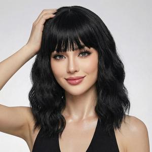 Pastel Black Wavy Bob Wig for Women, Short Shoulder Length Synthetic Wig with Bangs, Natural Looking Lightweight Hairpiece for Daily Wear & Cosplay Costume Party (14 Inch)