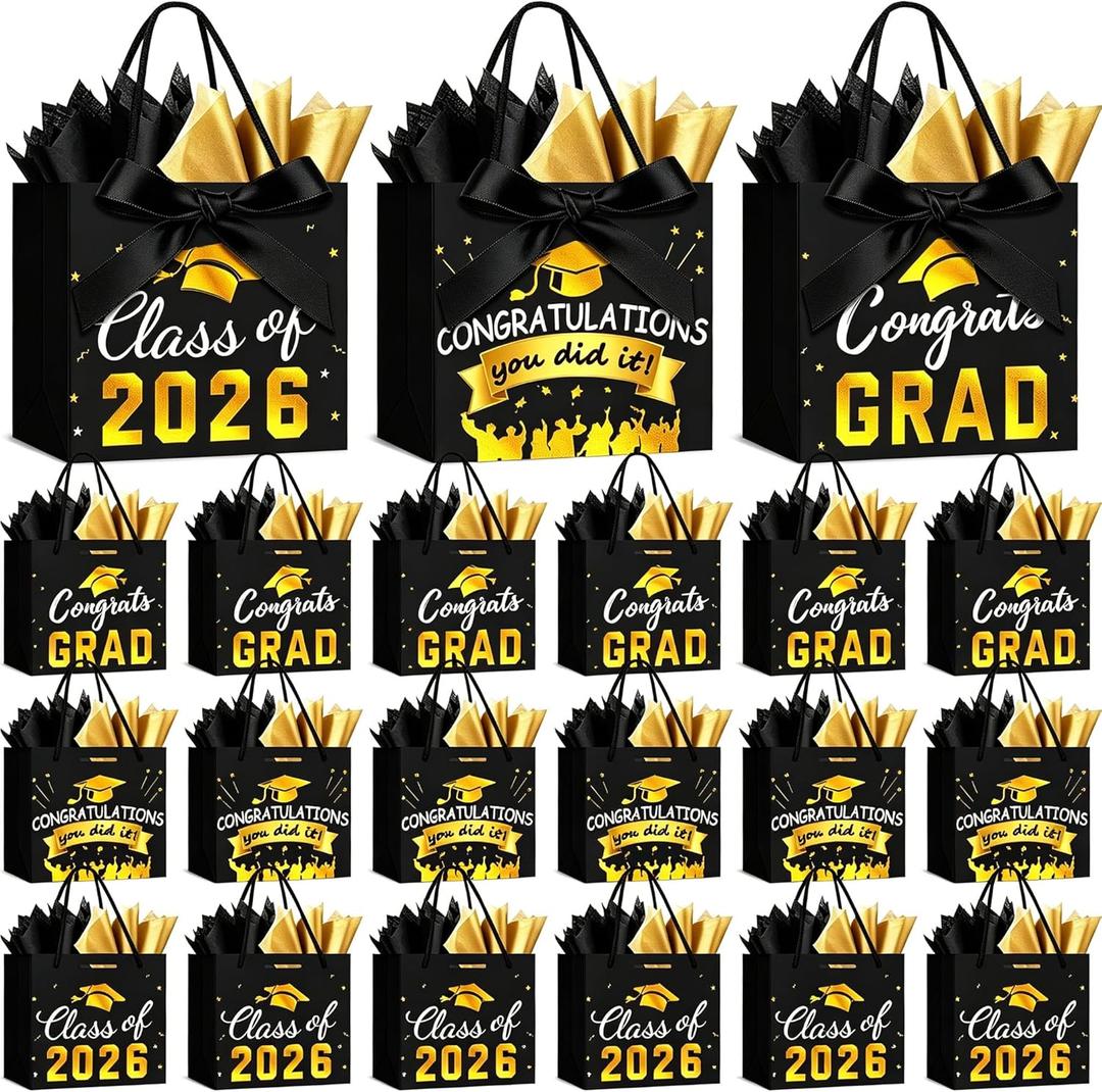 FlorWave 45 Pack Graduation Gift Bags 2026 Small Graduation Congrats Bags Bulk 5.5 x 4.7 x 2.5 Inch with Bow Ribbon and Tissue Papers for College High School Grad Party Supplies(Black and Gold)