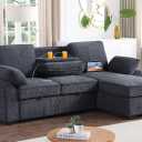 Eafurn 110.2" Modular Sectional Sofa with Reversible Ottoman, Convertible Sleeper Sofa Bed with USB Charging Ports & Cup Holders, Plush Corduroy L-Shaped Couch with Storage Armrest | Pull Out Sofabed, Console