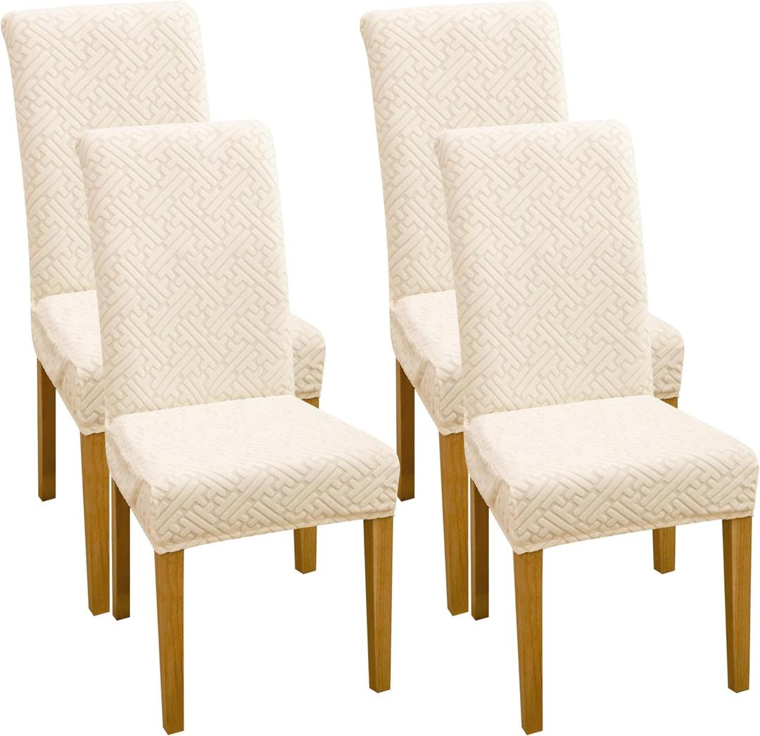 FORCHEER Chair Covers for Dining Chairs 4 Pack Beige Jacquard Stretch Parsons Chair Slipcovers Washable Removable