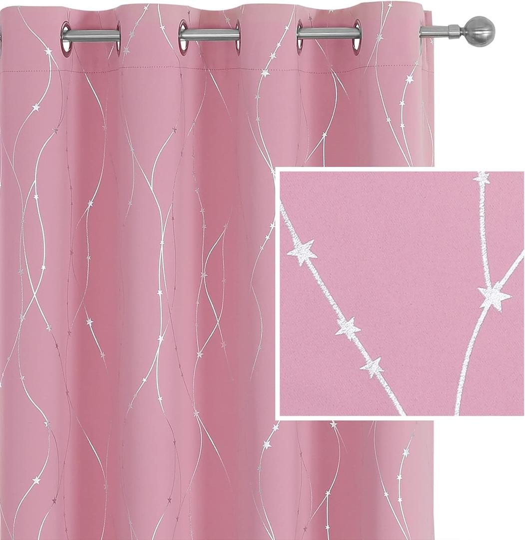 SMILE WEAVER Pink Blackout Curtains for Living Room 45 inch Length 2 Panels,Room Darkening Girls Bedroom Curtains,Silver Printed Design Soft Thick Thermal Insulated Grommet Window Drapes
