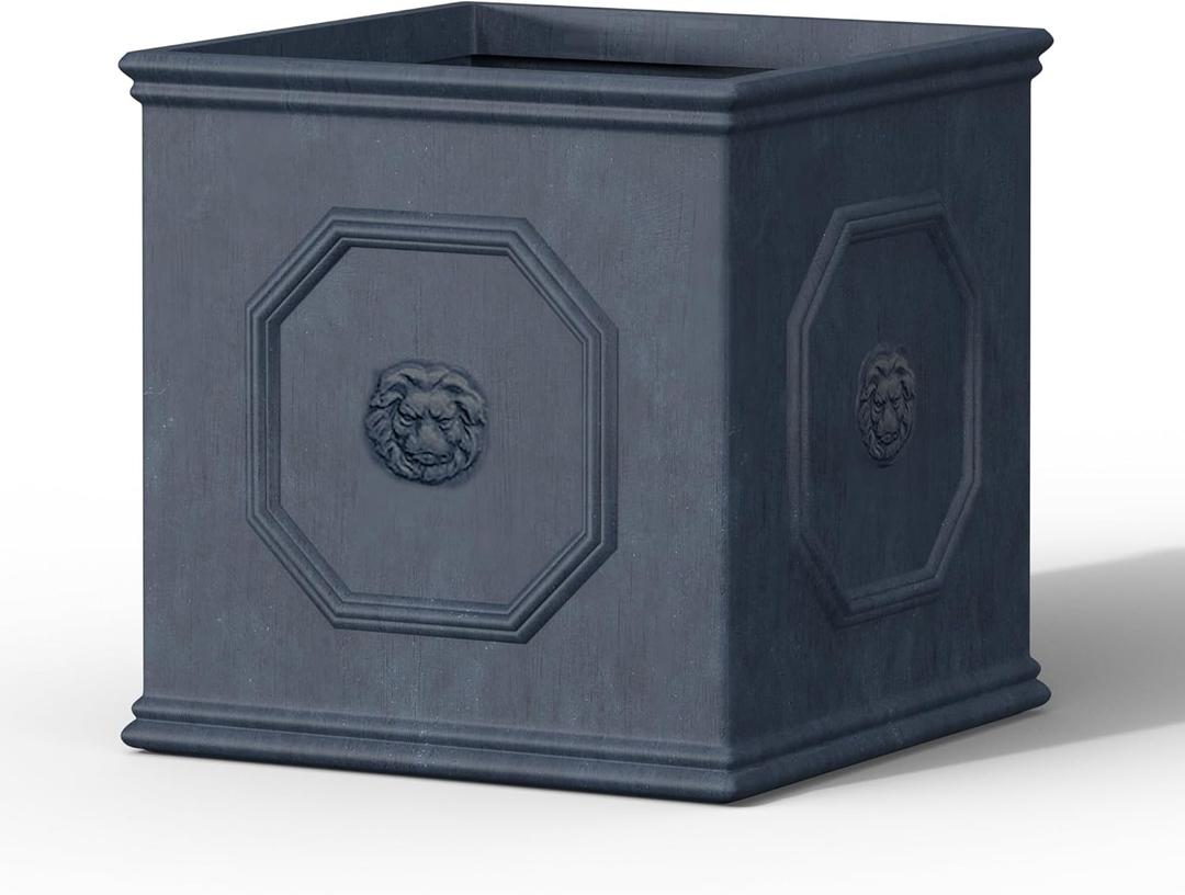 Kante Square Lion Head Concrete Planter, Classic English Style Plant Pot with Drainage Hole and Rubber Plug for Indoor Outdoor Garden Patio Home, 12.6"x12.6"x12.6" Gravel Gray