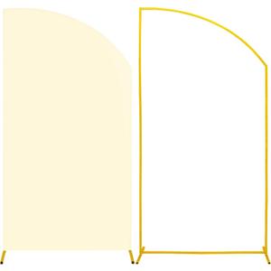 Metal Arch Backdrop Stand and Cover Set,1 Beige Spandex Fitted Arch Cover with 1 Gold Wedding Arched Stand Frame for Parties Birthday Baby Shower Bridal Banquet Decoration(6.6FTx3FT)