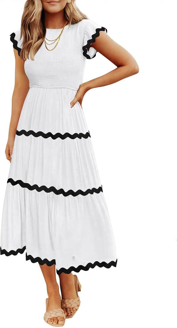 ZESICA Womens Summer Casual Smocked Flowy Midi Dress | Crewneck,Flutter Short Sleeve Dress,High Waist Tiered Dress,Flowy A Line Dress,Travel Vacation Party Church Dress,Work Dress (L)