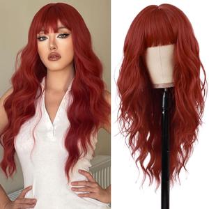 Red Wig With Bangs Long Red Culry Wavy Women's Wig Natural Looking Heat Resistant Bangs Wig for Daily Cosplay Halloween Party Use (Red,26 Inches)