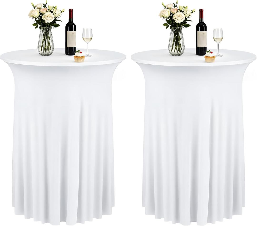 2 Pack 32 x 43 Inch Round Spandex Cocktail Tablecloths with Skirt Fitted Elastic Cocktail Tablecloth for High Top Bar, Wedding, Party, Events, White