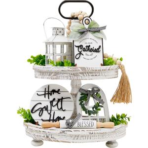 Houmury Set of 16 Farmhouse Tiered Tray Decor with 1 Lantern Artificial Plant& Cutting Board Sign for Rustic Home Kitchen Decor Tier Tray Decor Set (Tiered Tray Not Included)
